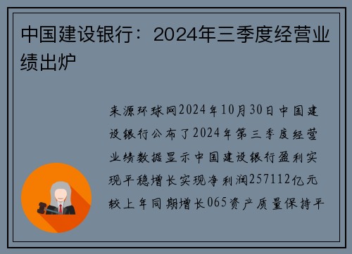 中国建设银行：2024年三季度经营业绩出炉