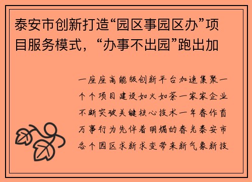 泰安市创新打造“园区事园区办”项目服务模式，“办事不出园”跑出加速度