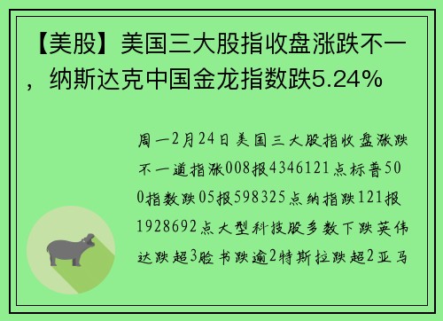 【美股】美国三大股指收盘涨跌不一，纳斯达克中国金龙指数跌5.24%