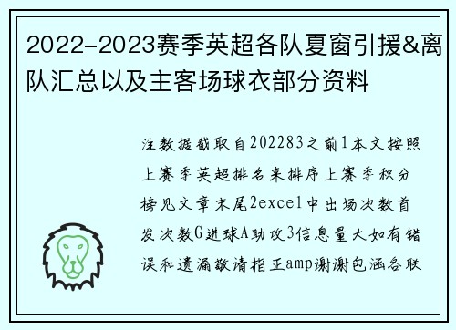 2022-2023赛季英超各队夏窗引援&离队汇总以及主客场球衣部分资料