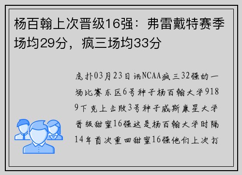 杨百翰上次晋级16强：弗雷戴特赛季场均29分，疯三场均33分