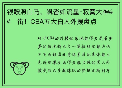 银鞍照白马，飒沓如流星·寂寞大神领衔！CBA五大白人外援盘点