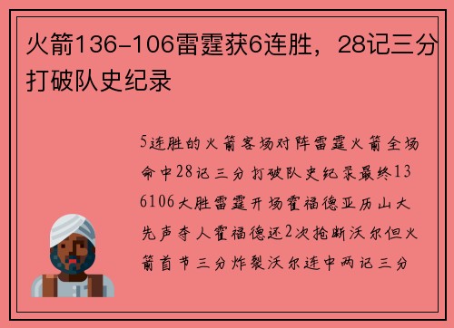 火箭136-106雷霆获6连胜，28记三分打破队史纪录