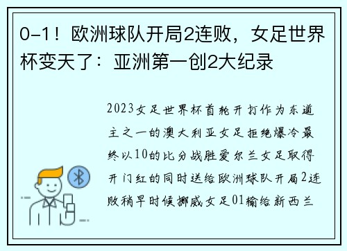 0-1！欧洲球队开局2连败，女足世界杯变天了：亚洲第一创2大纪录
